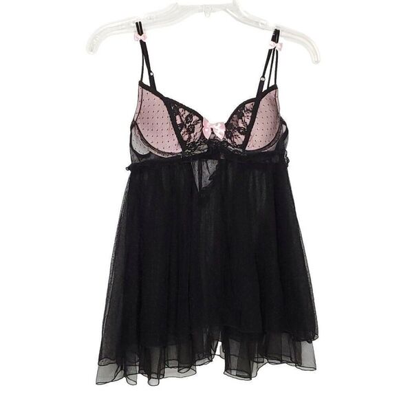 Victoria's Secret Teddy Babydoll 34B Black Pink Floral Lace Mesh Bra Lingerie - Picture 1 of 6